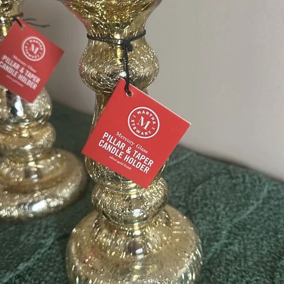 Martha Stewart Mercury Glass Pillar Candle Holder Gold Tone Set of 2 NEW - Picture 4 of 7
